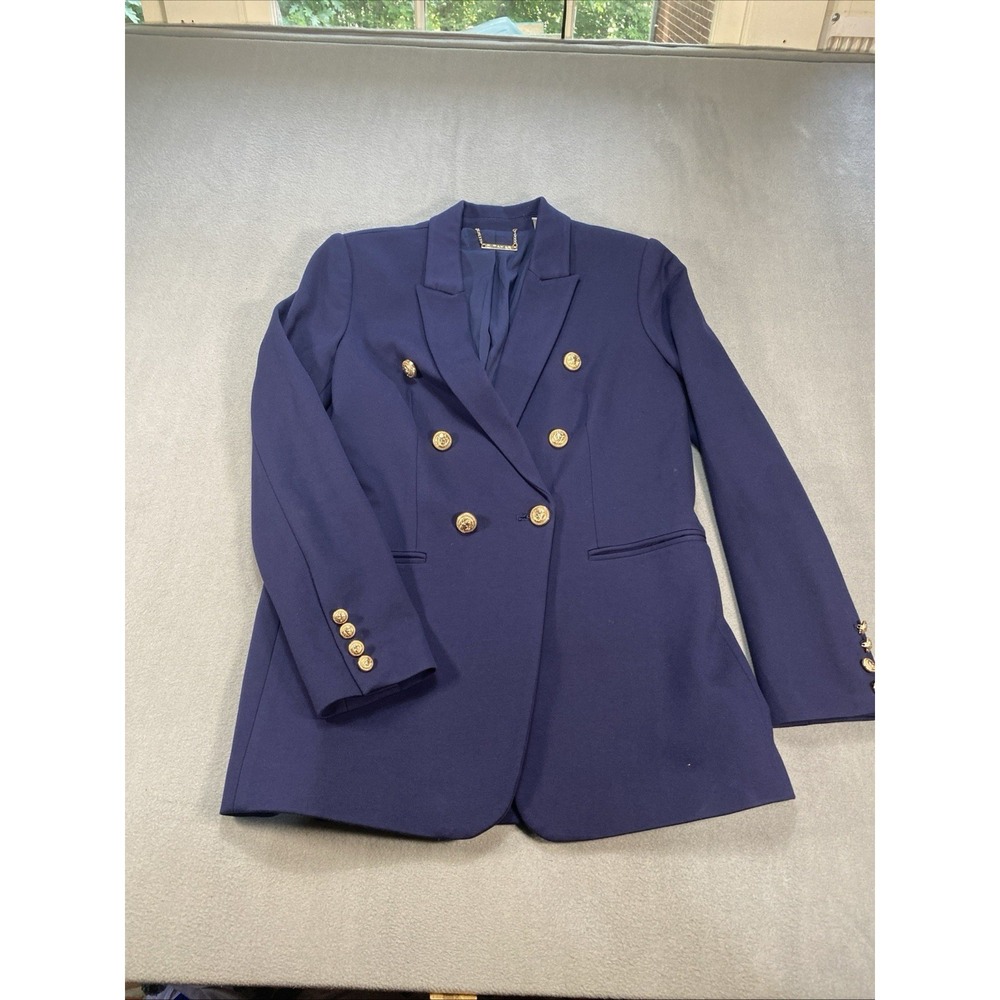Tahari Navy Blazer Gold Crest Buttons Double Breasted Career Suit Jacket Size 8